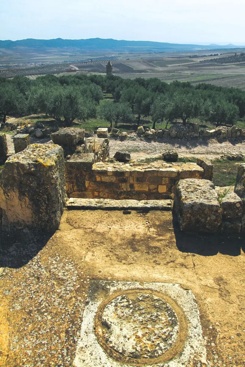 Restos de muros de piedra frente a un paisaje de olivos y campos